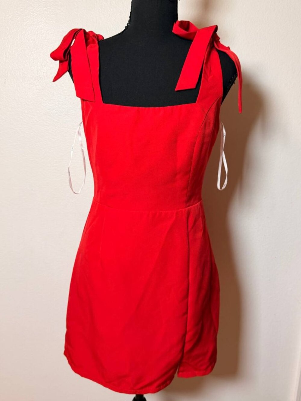 Lulus Red Bow Tie Shoulder Square Neck Mini Dress S Coquette Holiday Party